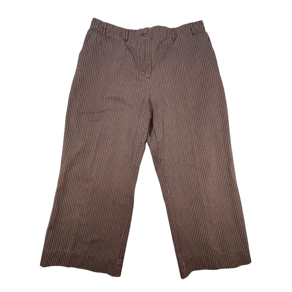 Lands End Brown Pinstripe Elastic Back Cropped Pants Women Size 16